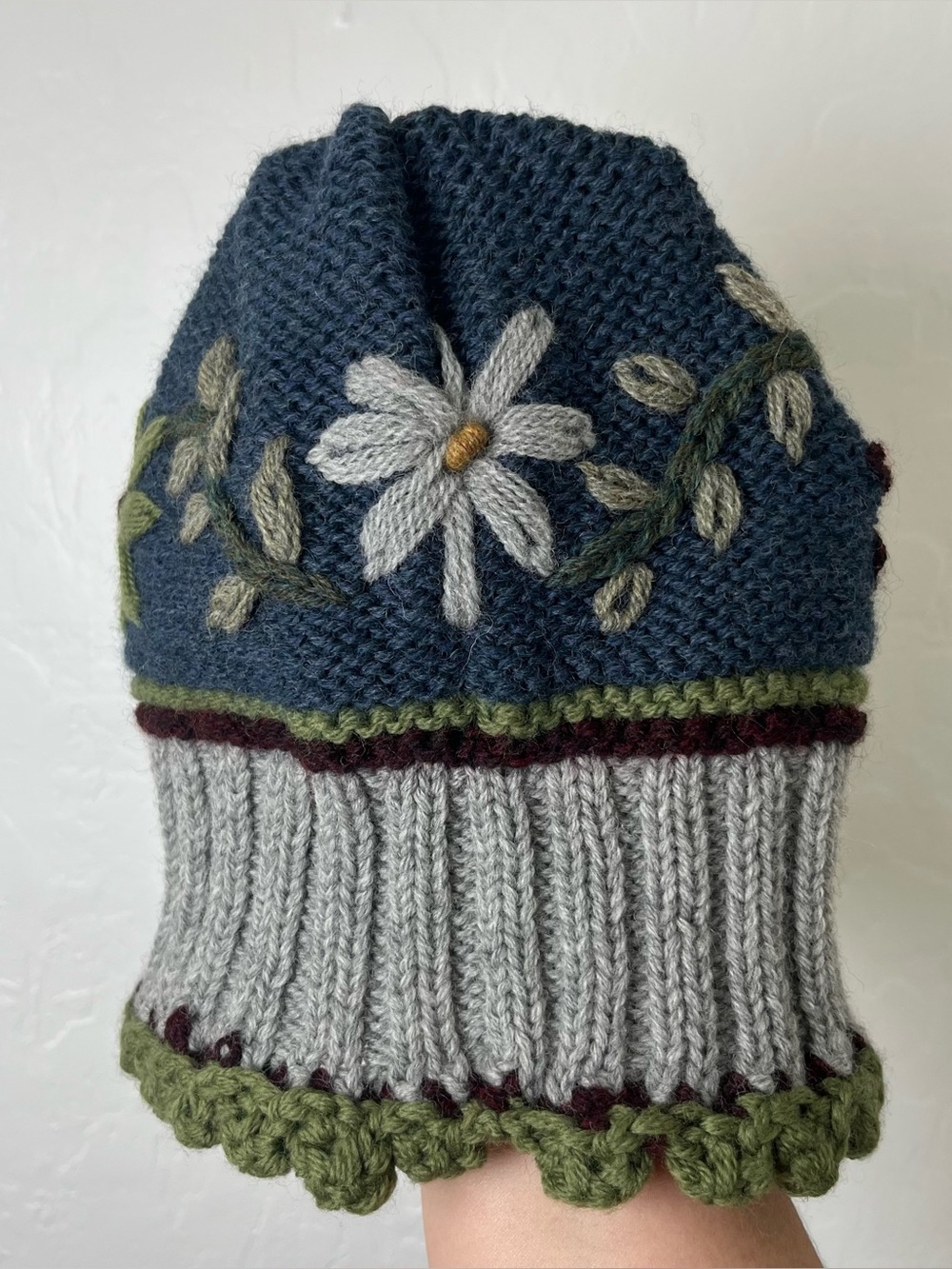 Peruvian Trading Co Hand Knit Highland Wool Floral Embroidered Beanie Hat